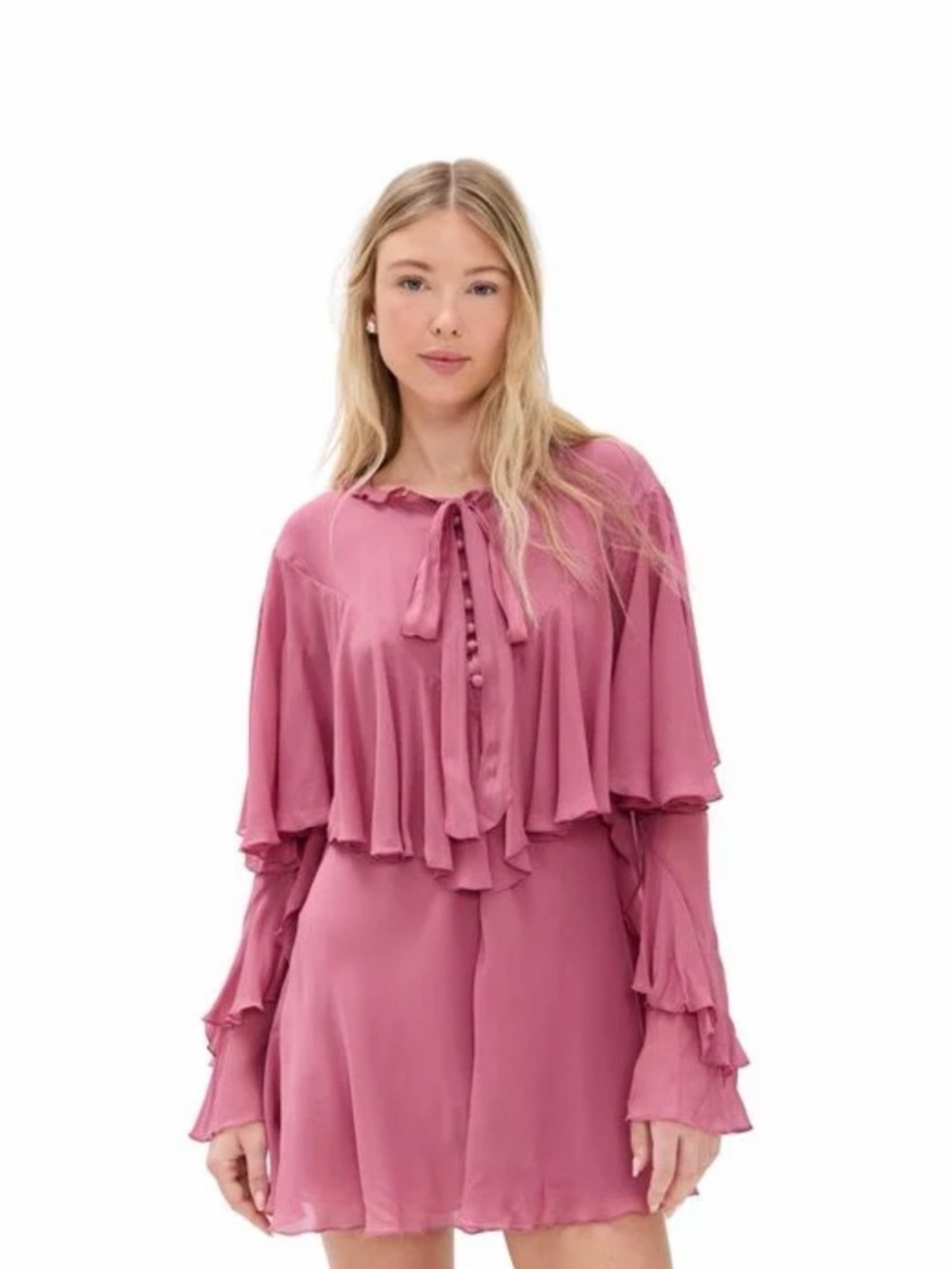 LoveShackFancy Dusty Rose Ruffle Tie-Neck Blouse